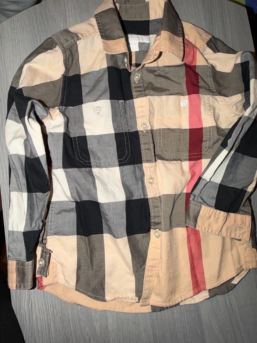 Burberry Beige Black Gray and Red Plaid Cotton Button-Down Shirt